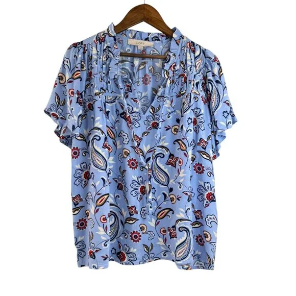 LOFT Blue Paisley Floral Ruffle Neck Flutter Sleeve Blouse Top XS - Picture 2 of 5